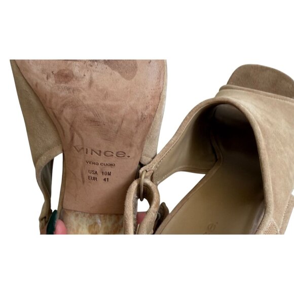 VINCE Tan Suede Marbled Horn Heel Slingback Sandals Size 41 / US 10 - Picture 6 of 9